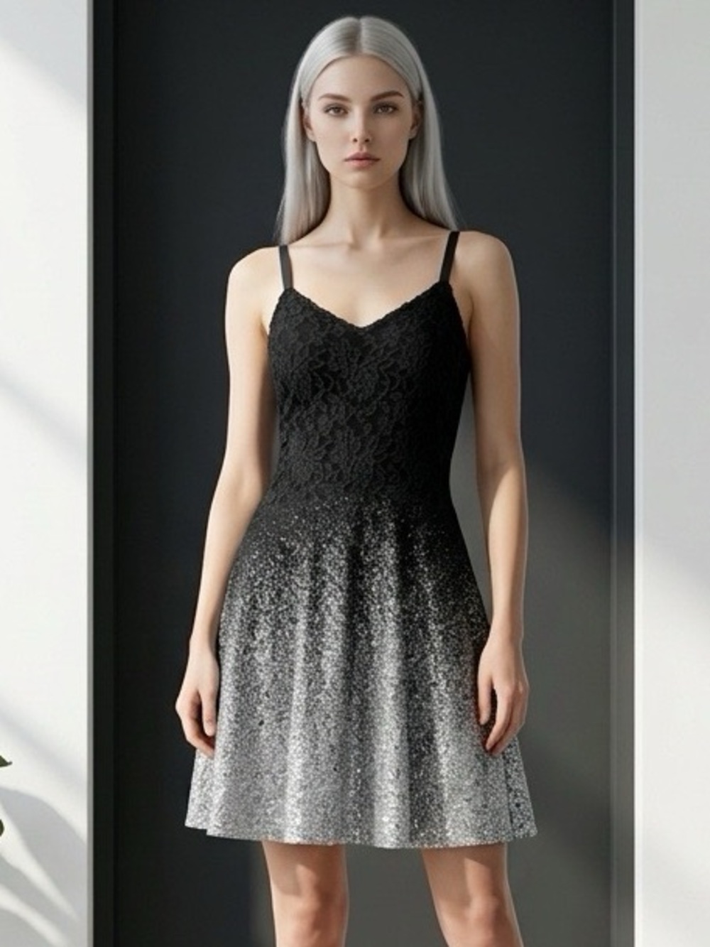 Free People XS Black Lace Silver Metallic Ombré Fit & Flare Dress